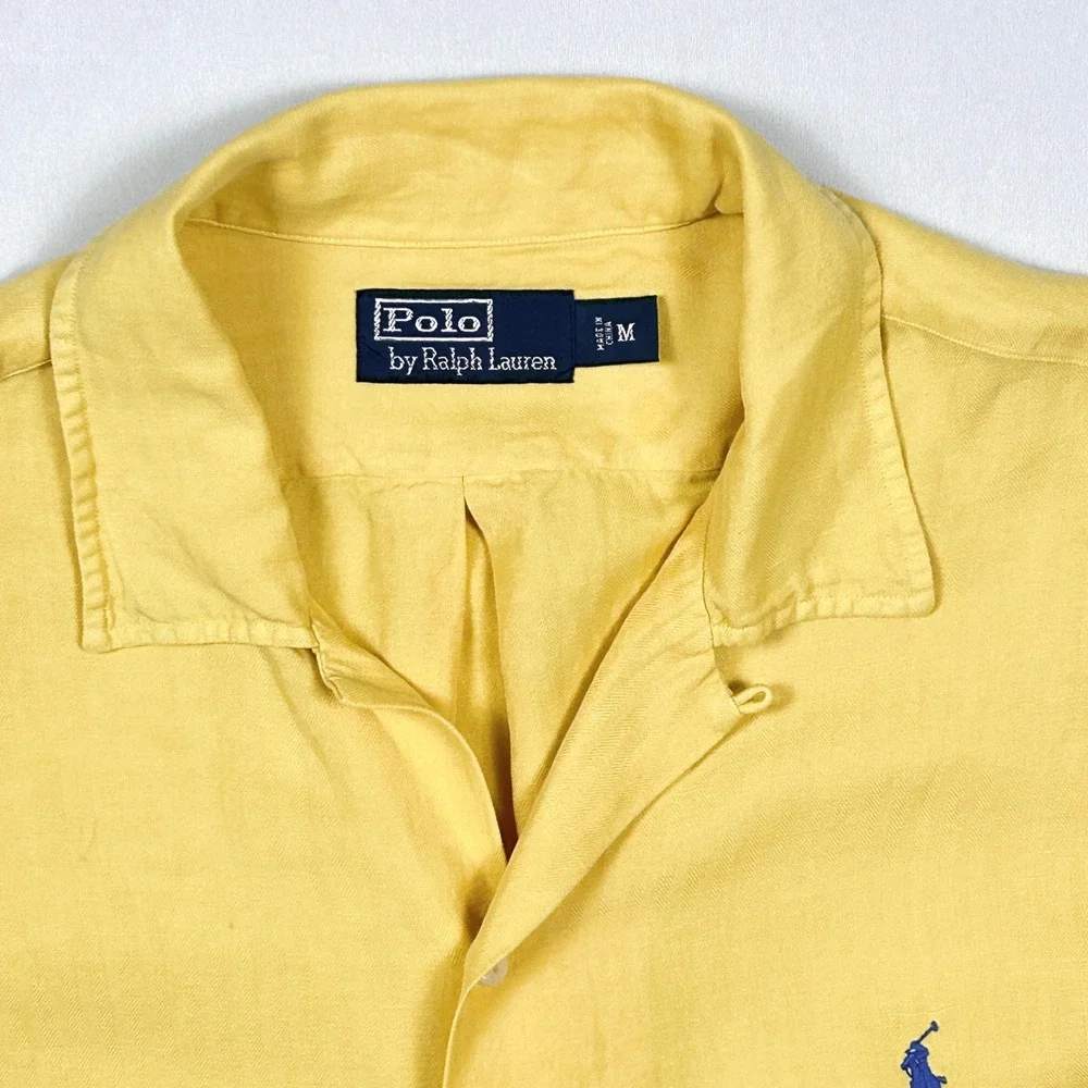 Polo Ralph Lauren Camp Shirt Mens Medium Silk Linen Herringbone Resort Yellow